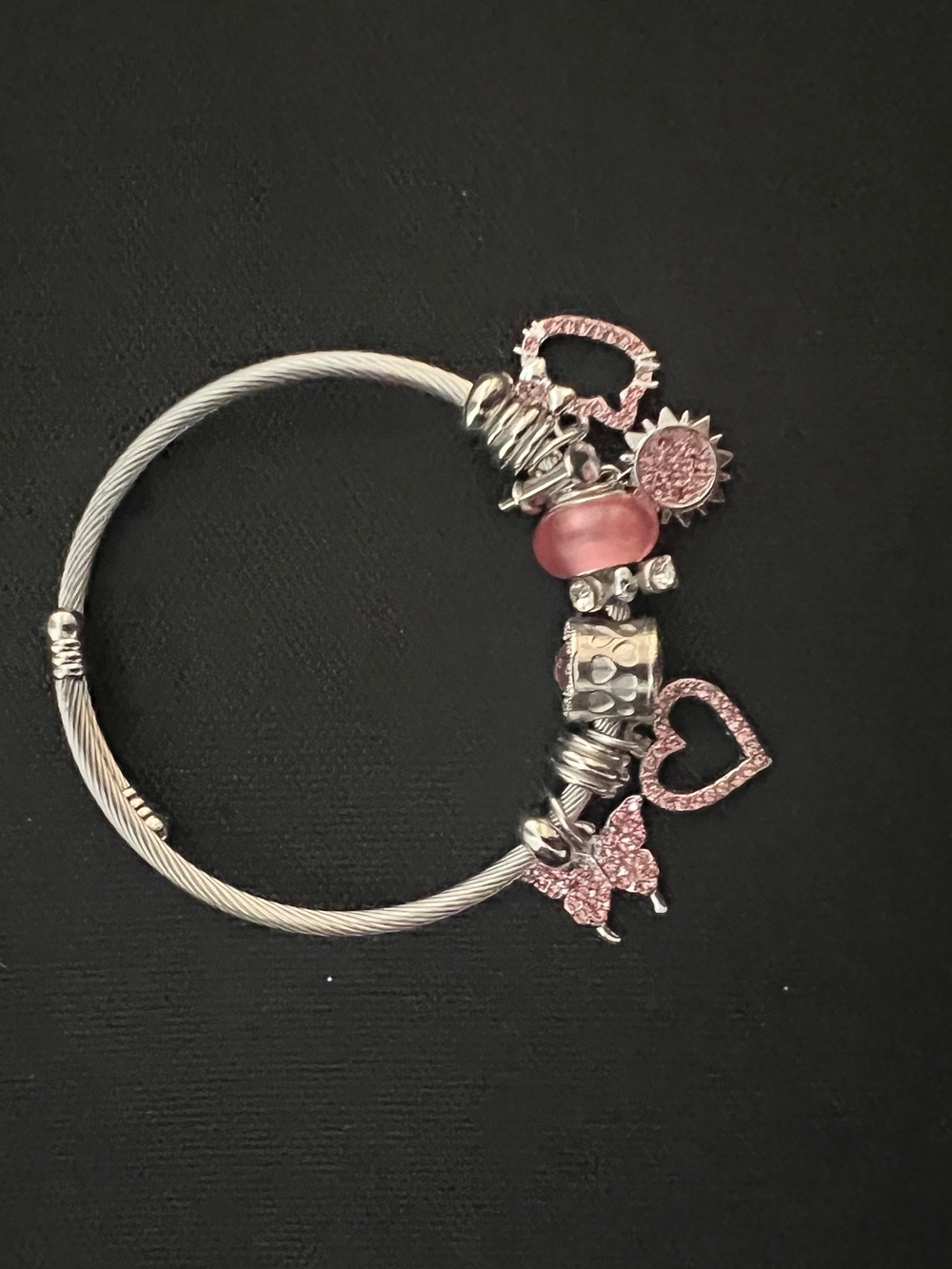 Silver Cable Bangle Bracelet with Pink Charm Accents